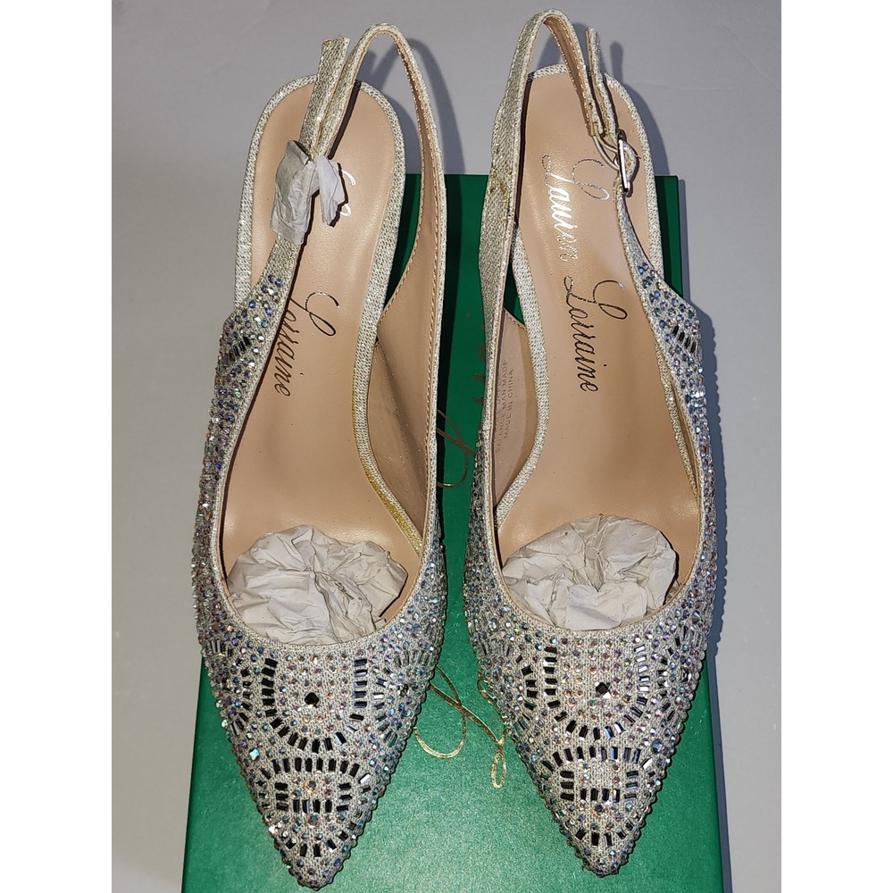 Lauren Lorraine Silver Rhinestone Crystal Slingback Pointed Toe Pumps Heels